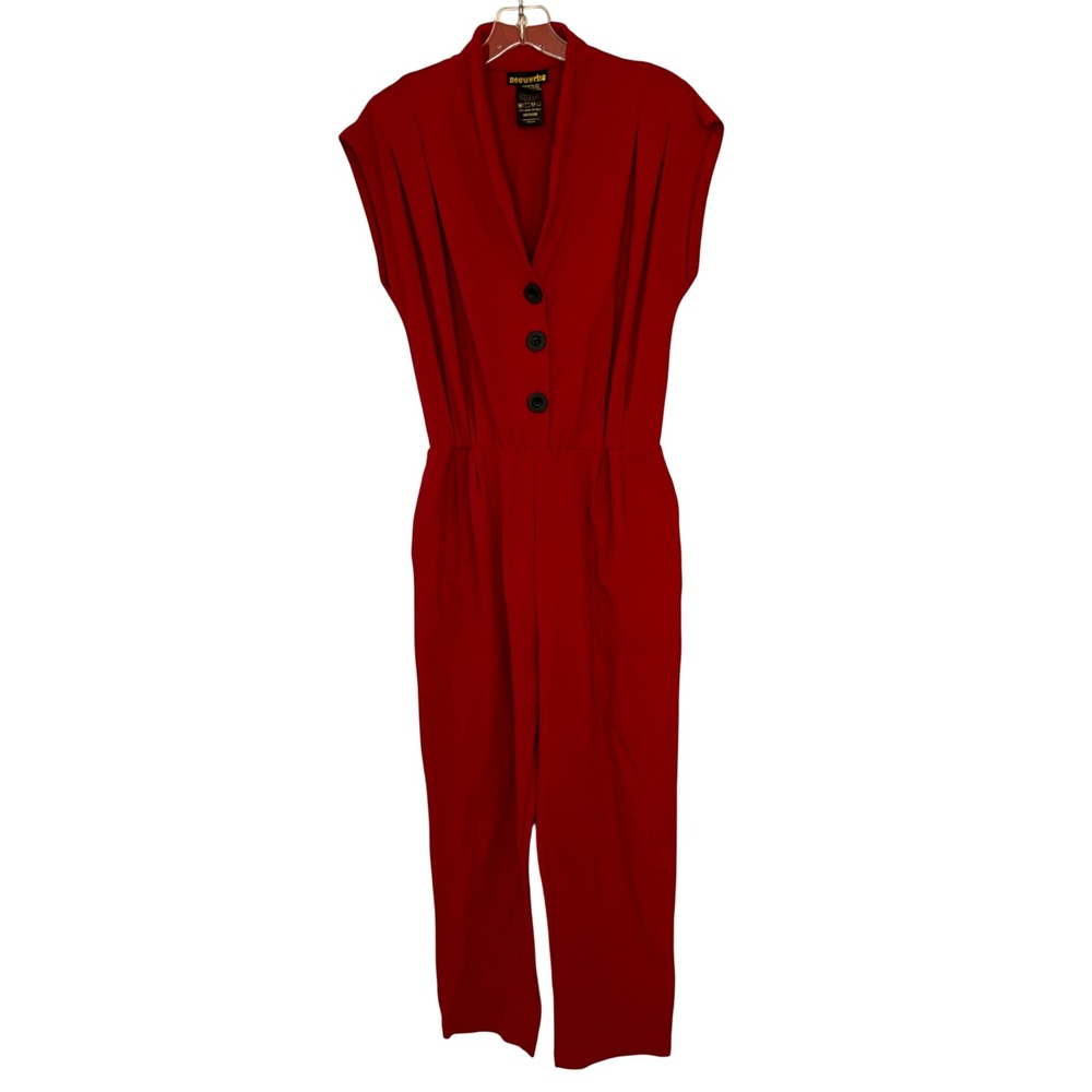 Nooworks Magic Suit Jumpsuit Red Cotton Lycra Button Front V Neck Retro - Medium
